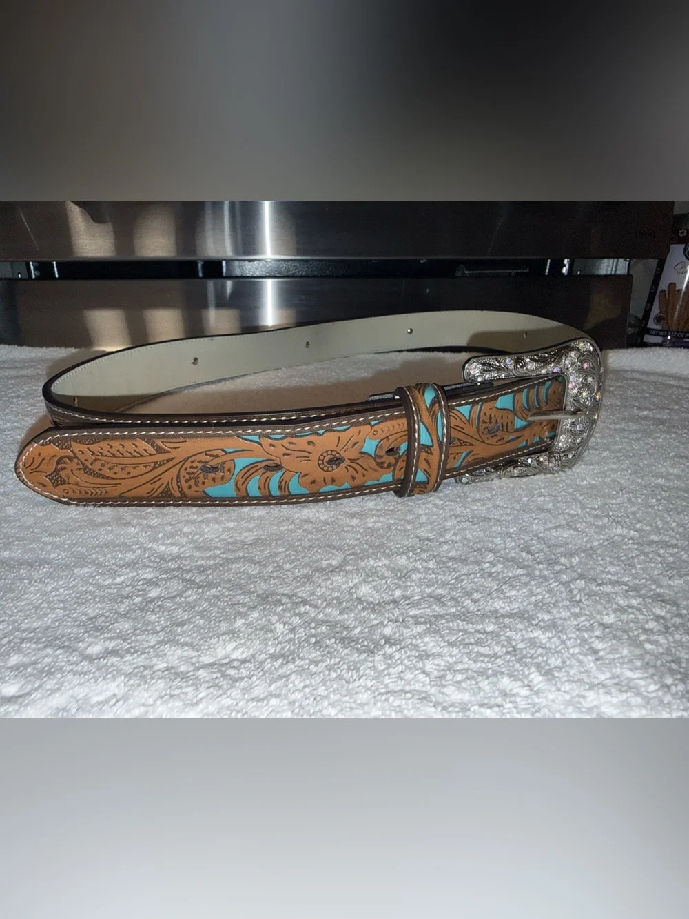 Turquoise Tooled Floral Western Belt with Silver Buckle Size 2X‎ NEW!